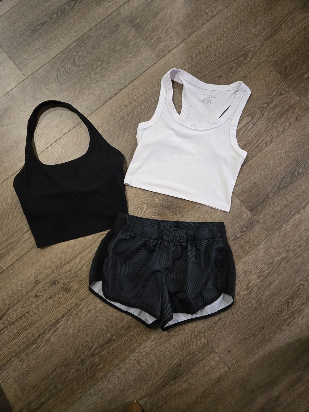 Black & White Racerback Crop Tops with Black Adidas Athletic Shorts
